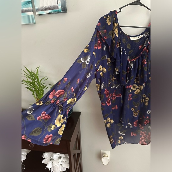 VTG Victorias Secret Top M/L Gold Label Blue Red Floral Romantic Blouse Tie Neck - Picture 3 of 6